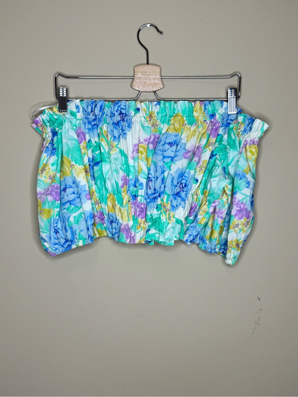 Zara Floral Off-Shoulder Crop Top in Aqua, Purple & Yellow
